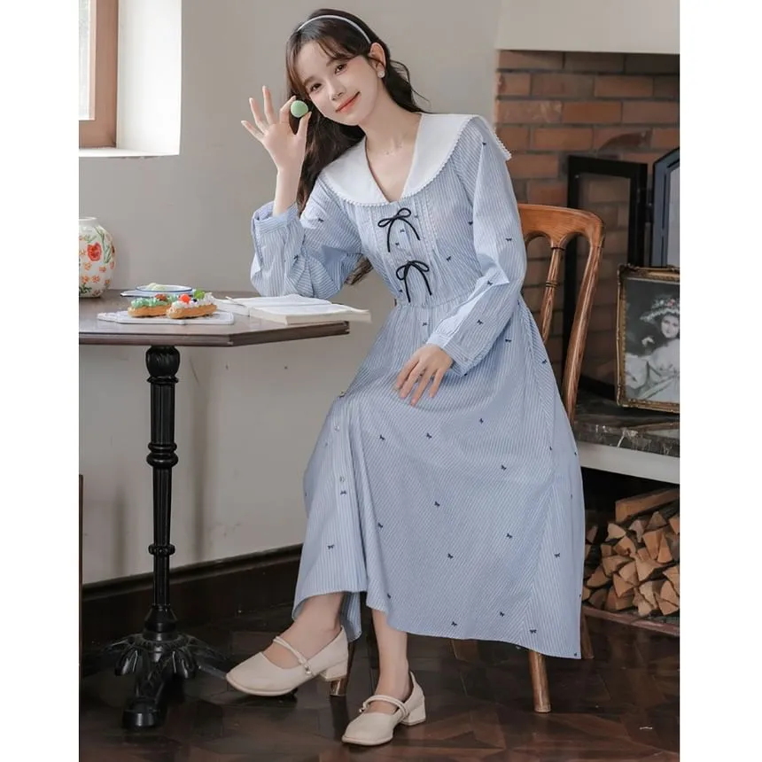 Peter Pan Collar V-Neck Bowknot Striped Midi A-Line Dress