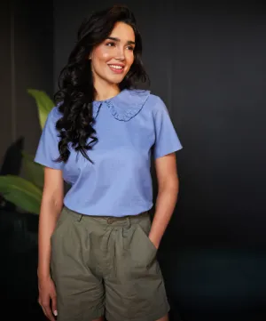 Peterpan Collared Light Blue Linen Top