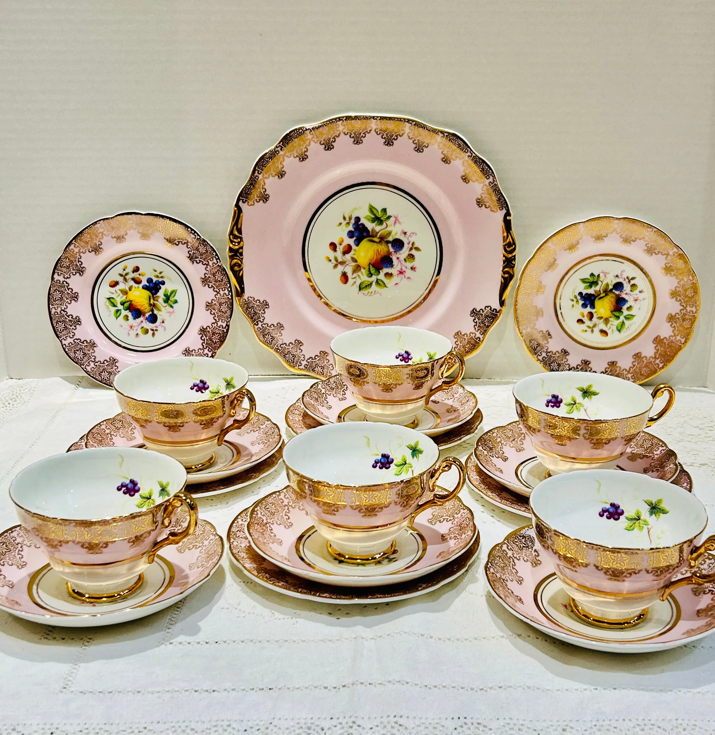 Pink 22kt Gold Vintage Tea Set - pattern “Random Harvest”