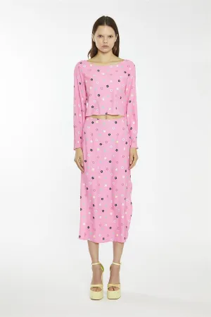 Pink Multi-Flower Bias-Cut Midi-Skirt