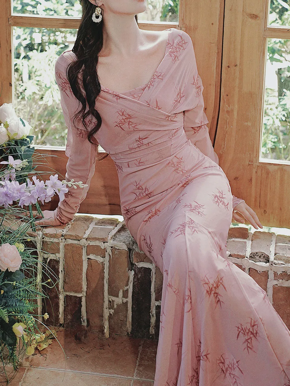 Pink Printed V-Neck Long Sleeve Fishtail Vintage Dress