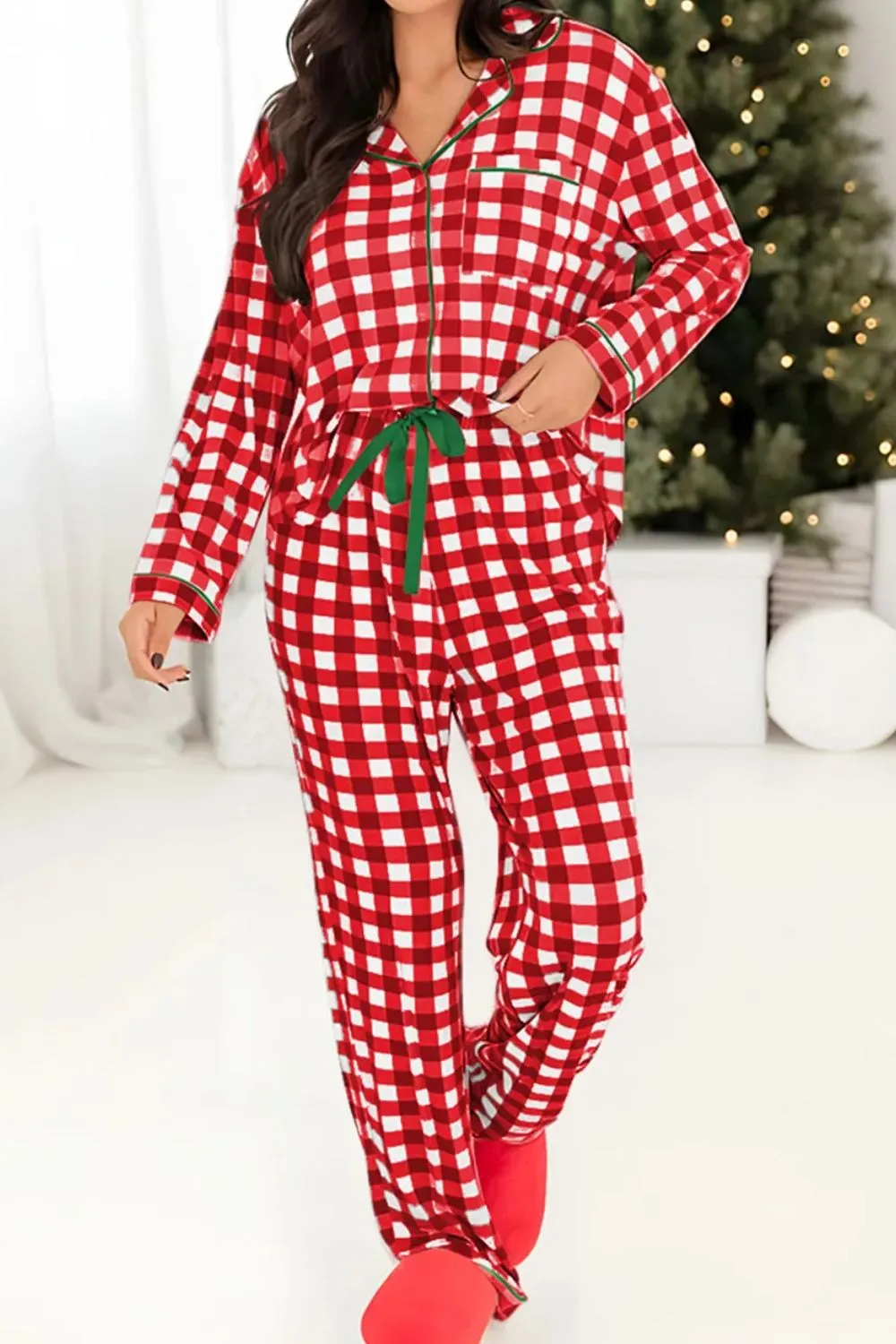 Piper Contrast Piping Plaid Top and Pants Lounge Set