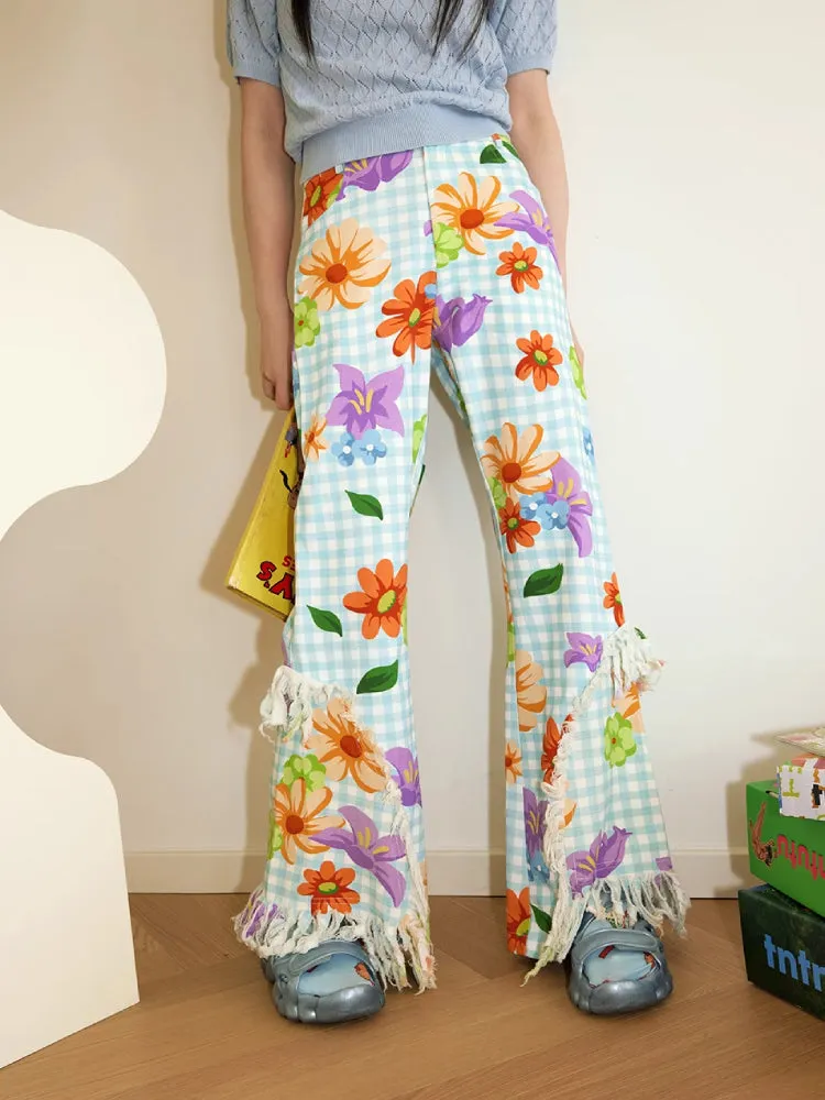 Plaid flower casual pants【s0000007768】
