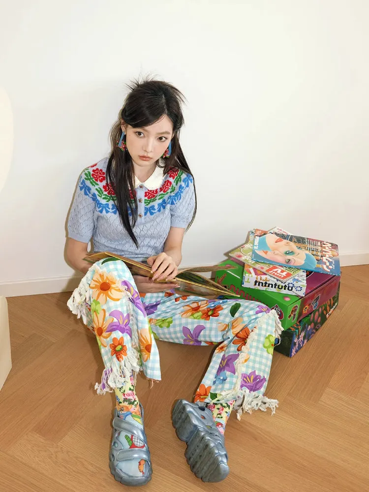 Plaid flower casual pants【s0000007768】