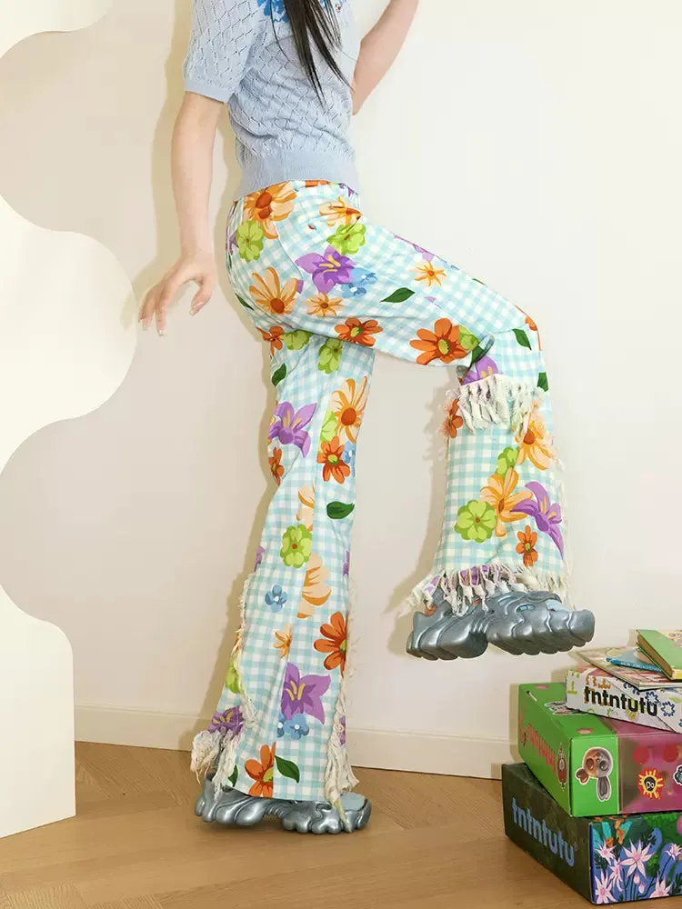 Plaid flower casual pants【s0000007768】