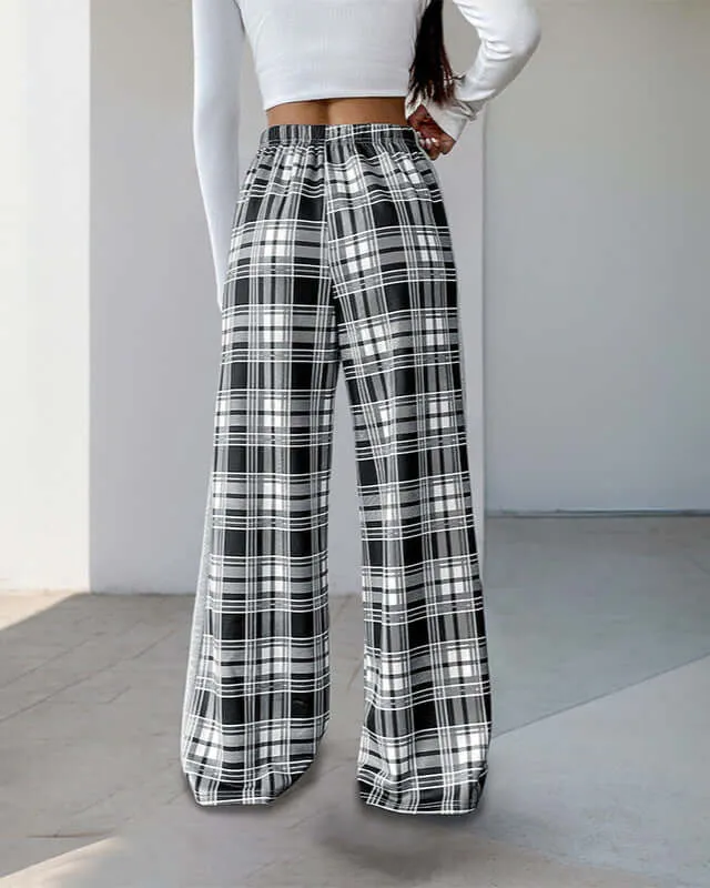Plaid Wide-Leg Lounge Pants | Drawstring High-Waist