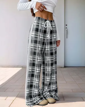 Plaid Wide-Leg Lounge Pants | Drawstring High-Waist