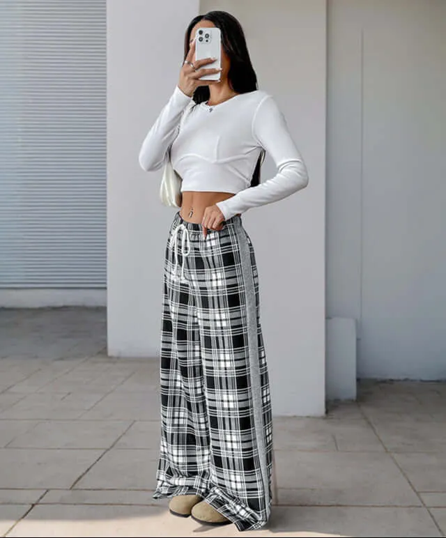 Plaid Wide-Leg Lounge Pants | Drawstring High-Waist