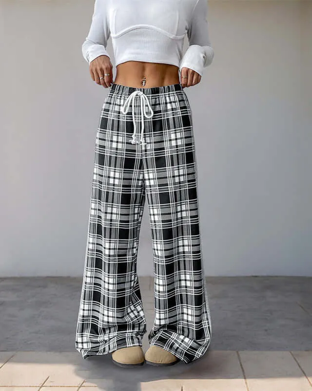 Plaid Wide-Leg Lounge Pants | Drawstring High-Waist