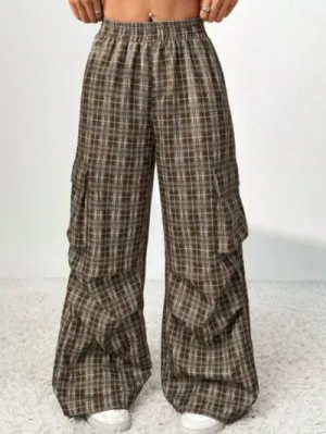 Plaid Wide Leg Pants with Pockets