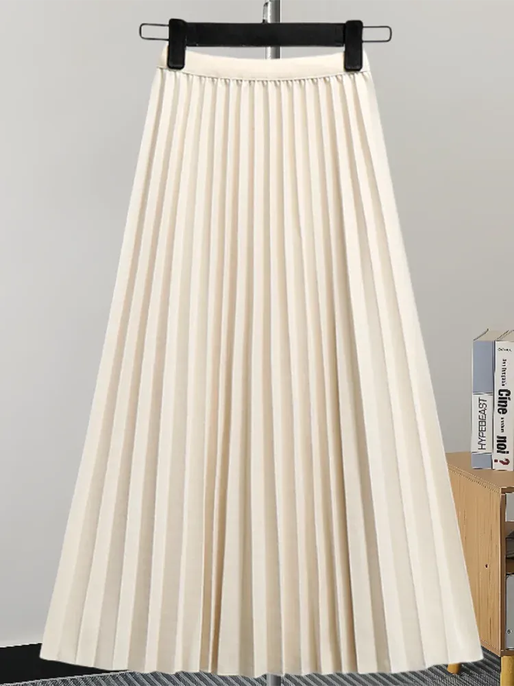 Pleated Women Skirt Fashion Elastic Waist Versatile Elegant New Solid Color Simplicity Female Loose Skirts