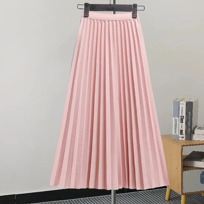 Pleated Women Skirt Fashion Elastic Waist Versatile Elegant New Solid Color Simplicity Female Loose Skirts