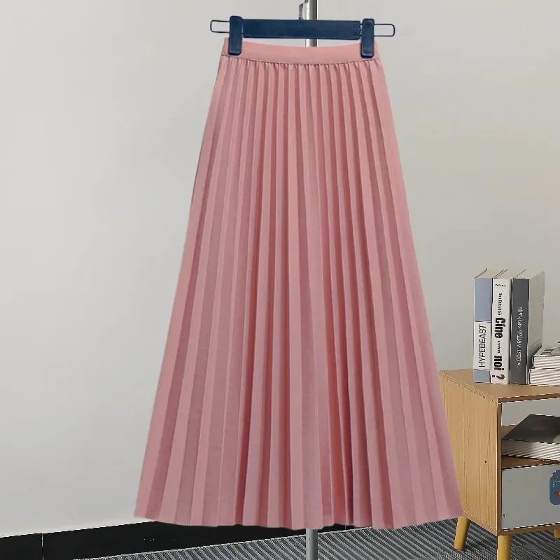 Pleated Women Skirt Fashion Elastic Waist Versatile Elegant New Solid Color Simplicity Female Loose Skirts