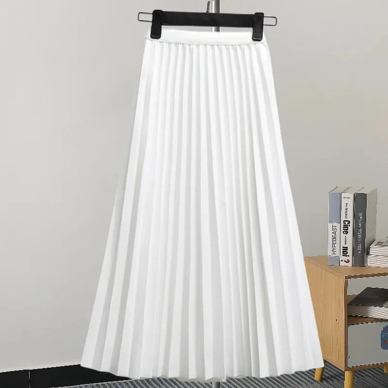 Pleated Women Skirt Fashion Elastic Waist Versatile Elegant New Solid Color Simplicity Female Loose Skirts
