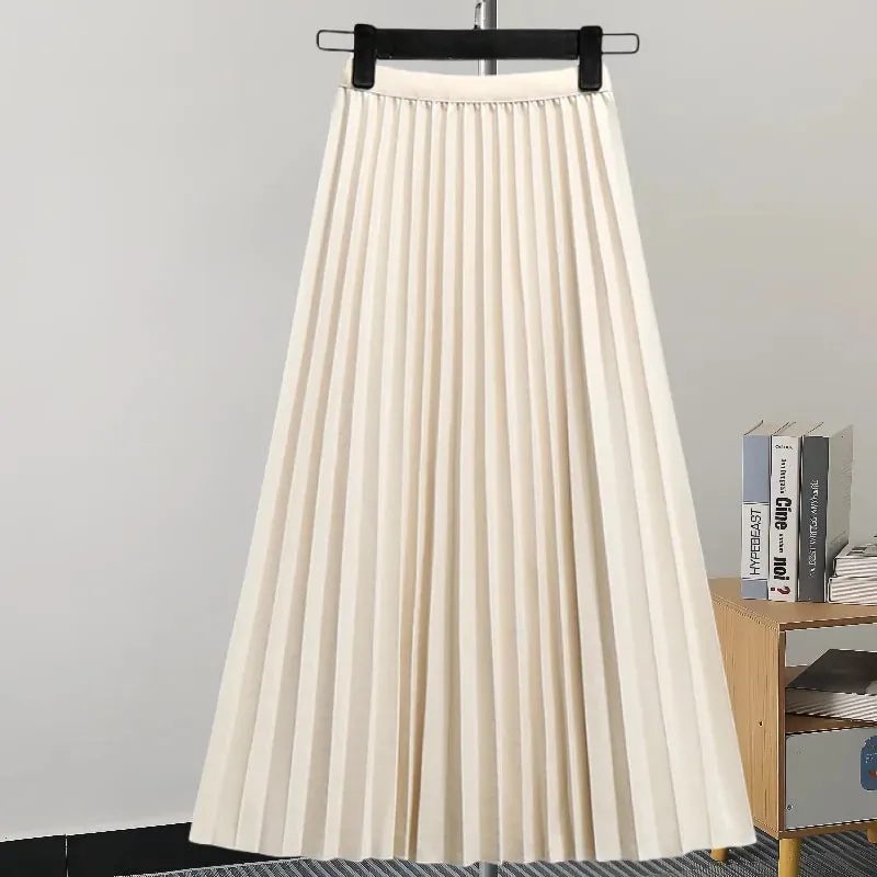 Pleated Women Skirt Fashion Elastic Waist Versatile Elegant New Solid Color Simplicity Female Loose Skirts