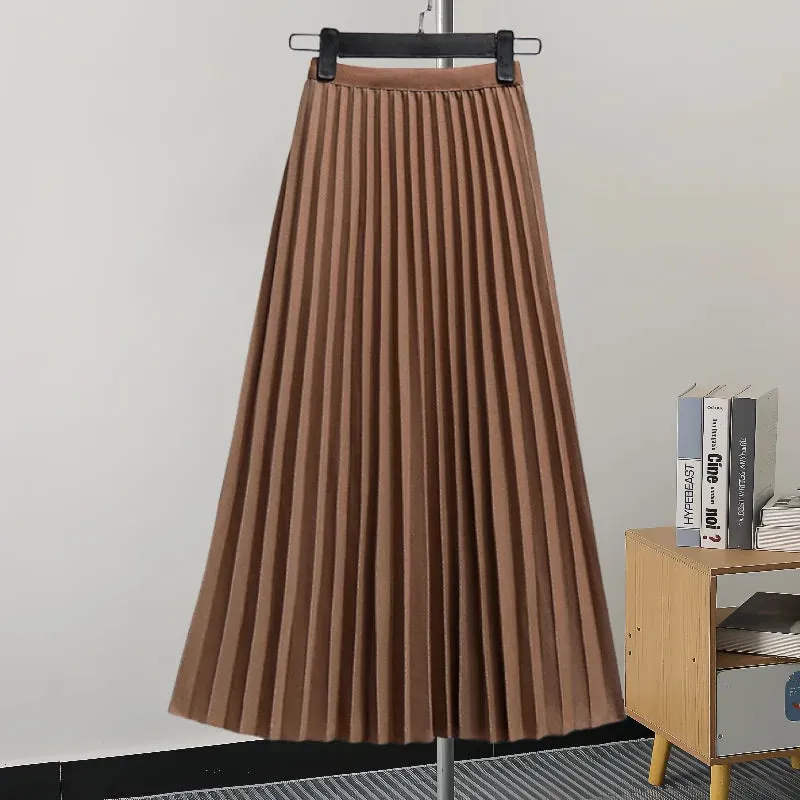 Pleated Women Skirt Fashion Elastic Waist Versatile Elegant New Solid Color Simplicity Female Loose Skirts