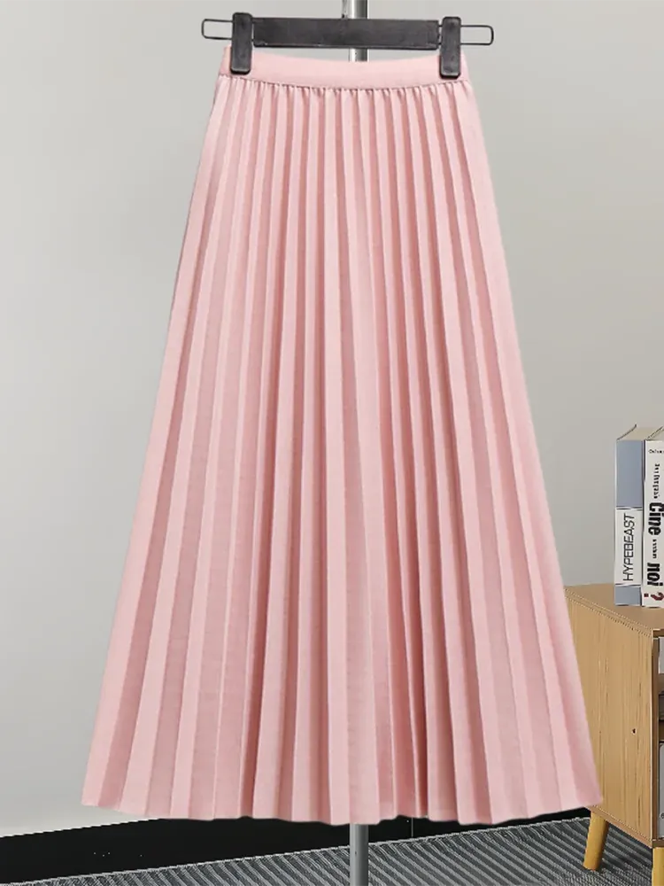 Pleated Women Skirt Fashion Elastic Waist Versatile Elegant New Solid Color Simplicity Female Loose Skirts