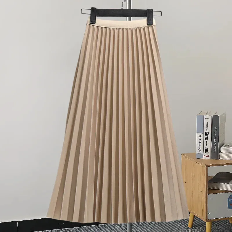 Pleated Women Skirt Fashion Elastic Waist Versatile Elegant New Solid Color Simplicity Female Loose Skirts