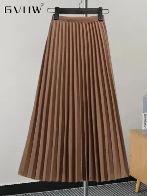 Pleated Women Skirt Fashion Elastic Waist Versatile Elegant New Solid Color Simplicity Female Loose Skirts
