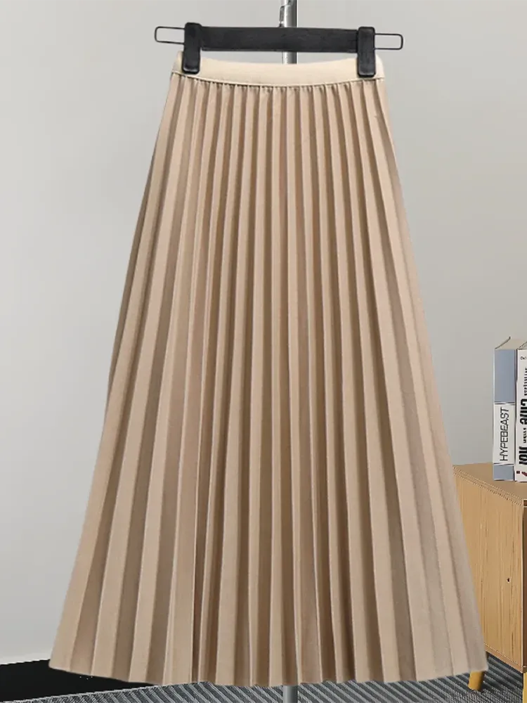 Pleated Women Skirt Fashion Elastic Waist Versatile Elegant New Solid Color Simplicity Female Loose Skirts