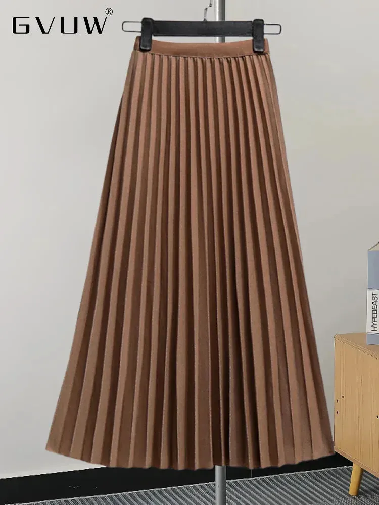 Pleated Women Skirt Fashion Elastic Waist Versatile Elegant New Solid Color Simplicity Female Loose Skirts
