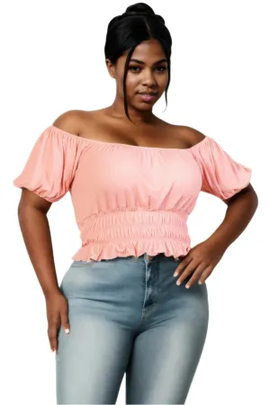 Plus size casual ruched puff sleeve ribbed knit solid top