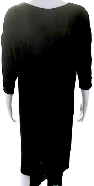 Prada Italy. Black Pleated V-Neck 3/4 Sleeve Pullover Mid-Calf Dress
