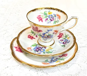 Pretty Vintage China Teacup Saucer Tea plate Clare England  - floral bouquet spray