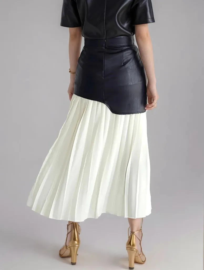 PU Leather Patchwork Pleated Midi Skirts
