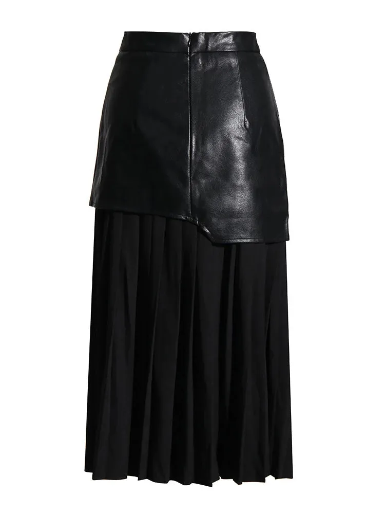 PU Leather Patchwork Pleated Midi Skirts