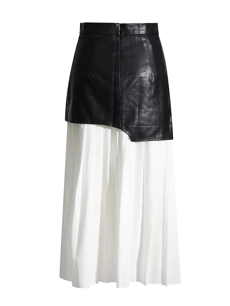 PU Leather Patchwork Pleated Midi Skirts