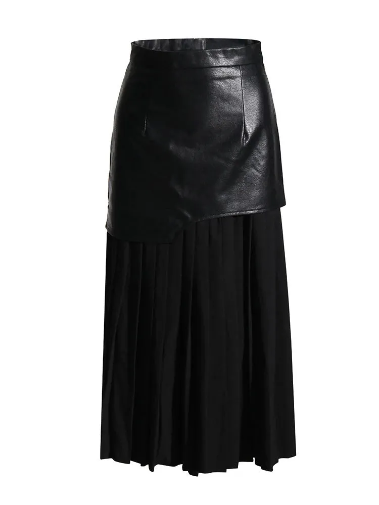 PU Leather Patchwork Pleated Midi Skirts