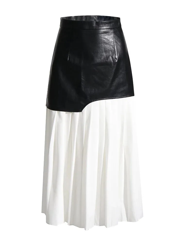 PU Leather Patchwork Pleated Midi Skirts