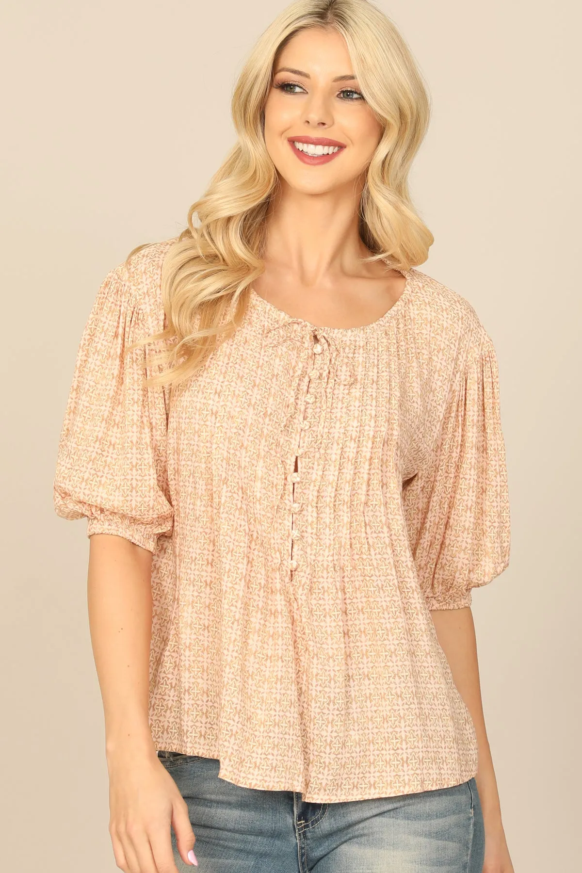 PUFF SLEEVE BUTTON DETAIL PRINTED TOP