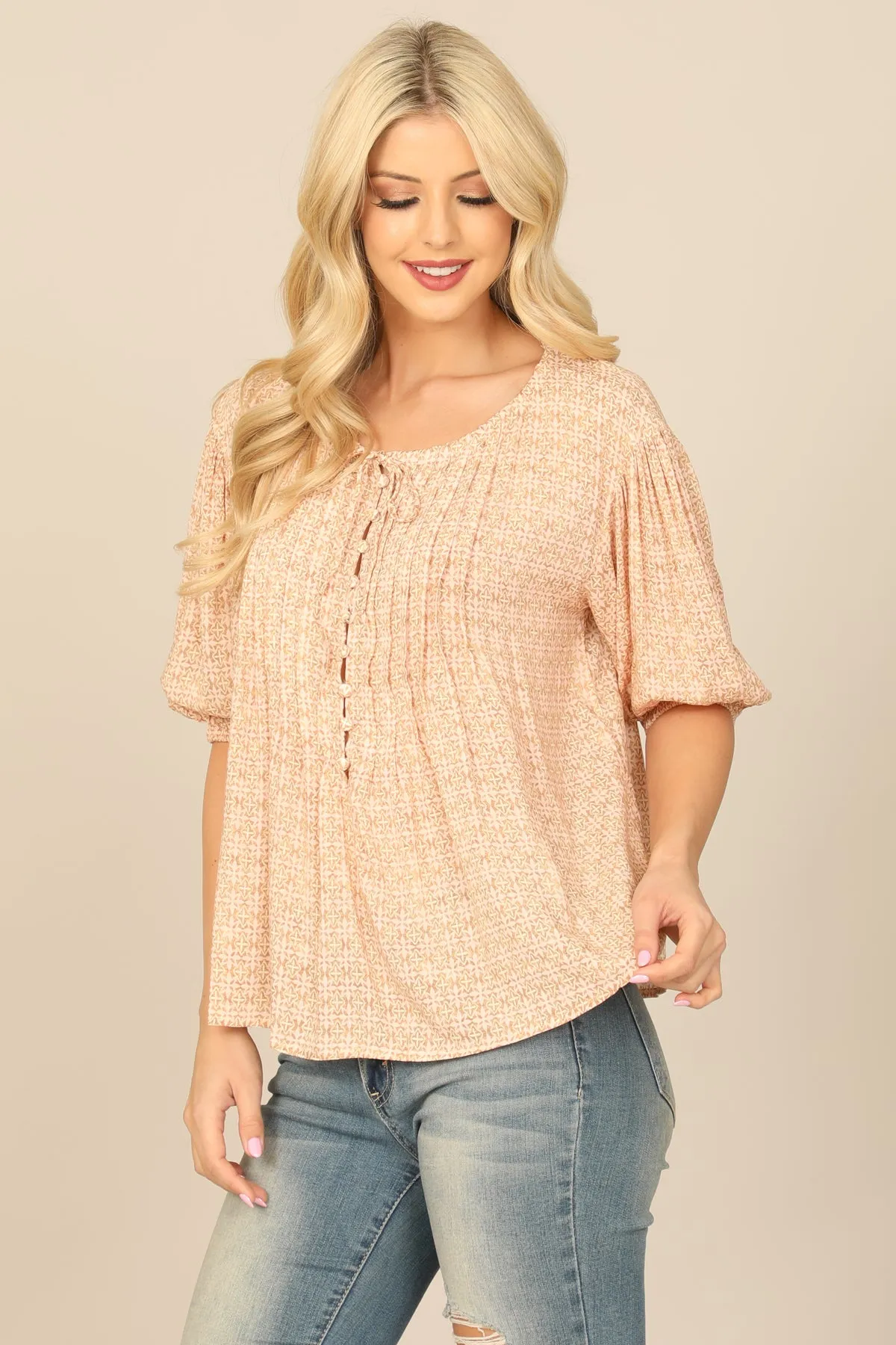 PUFF SLEEVE BUTTON DETAIL PRINTED TOP