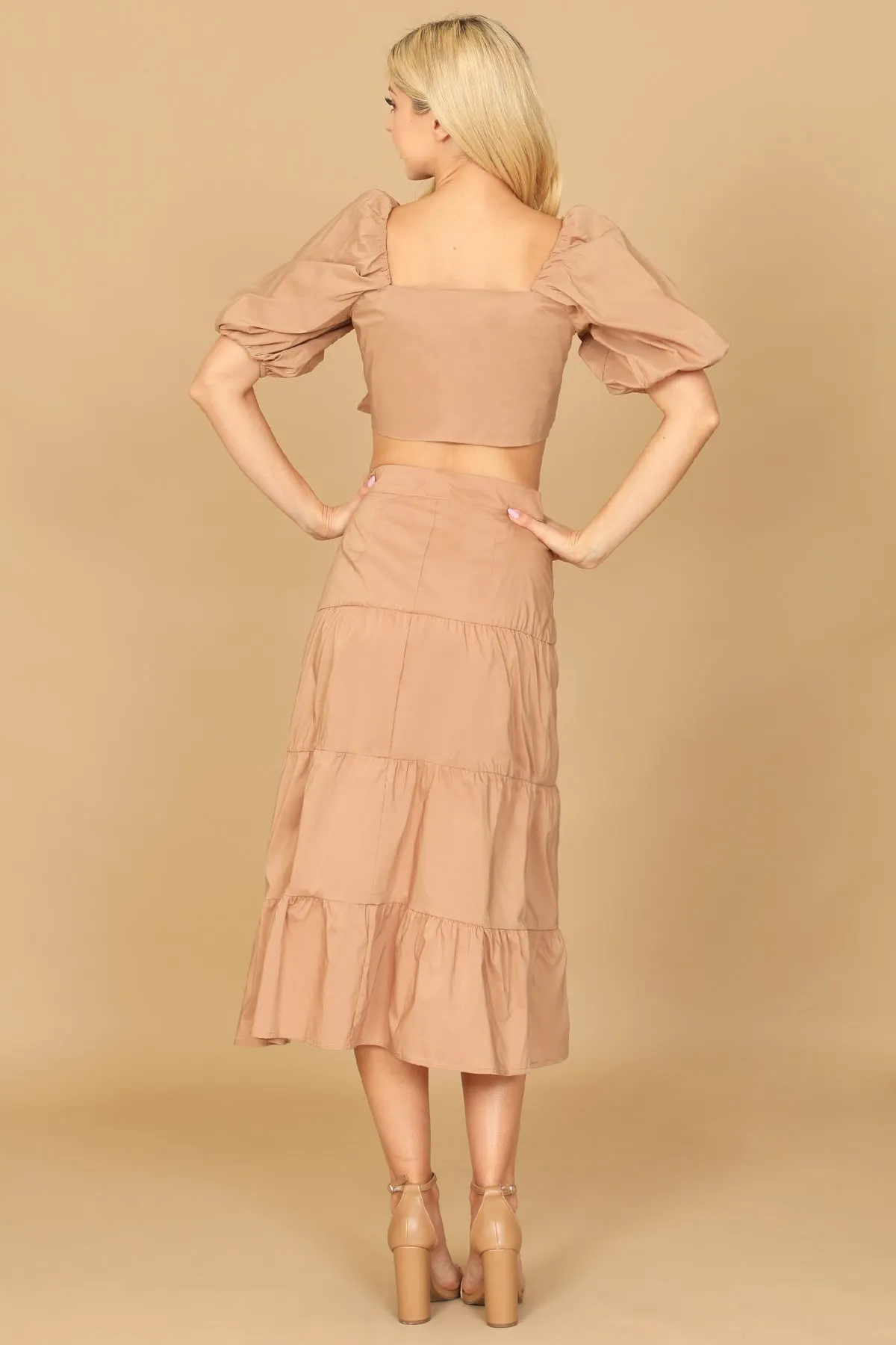 PUFF SLEEVE KNOT FRONT SOLID CROP TOP & SKIRT SET