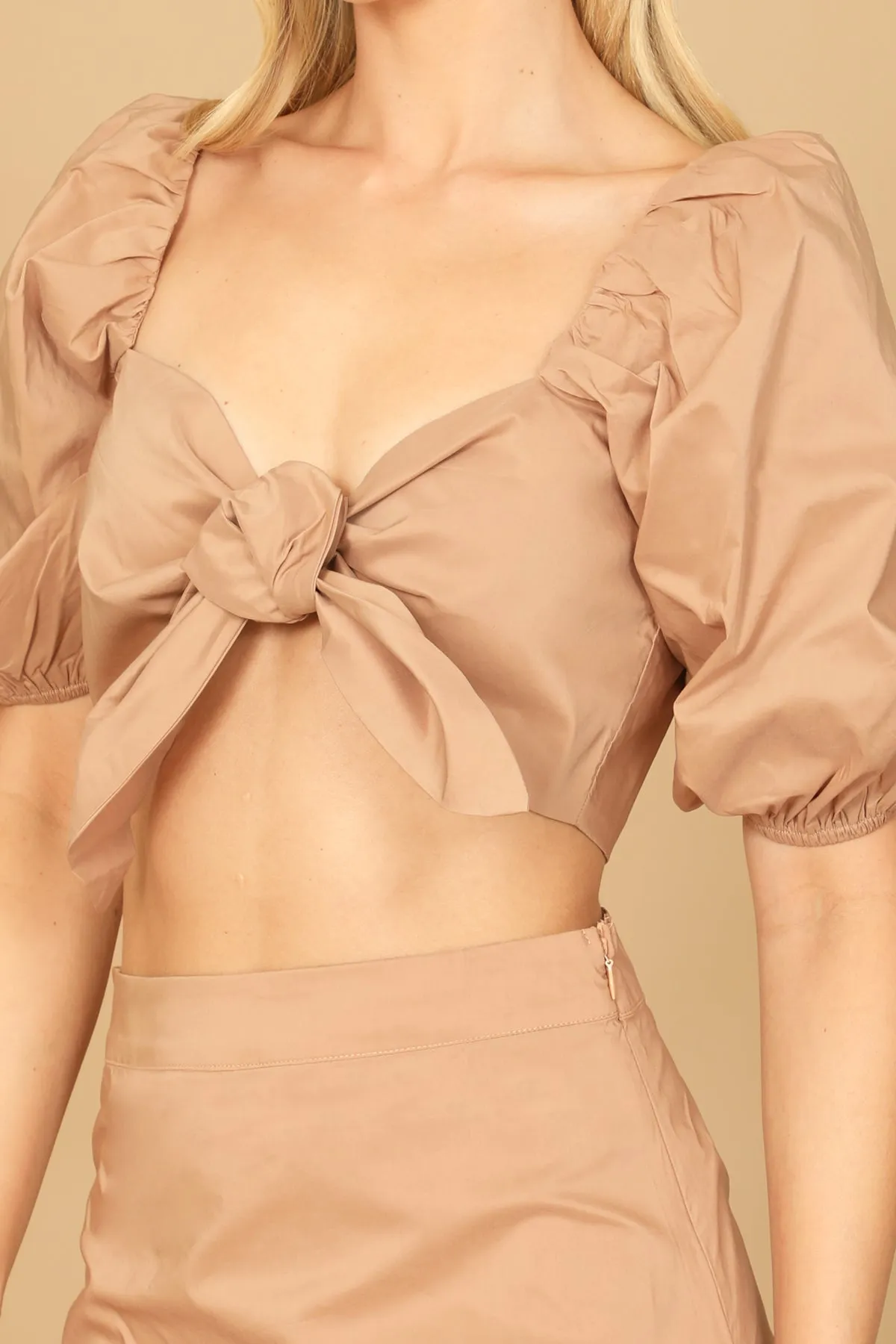 PUFF SLEEVE KNOT FRONT SOLID CROP TOP & SKIRT SET