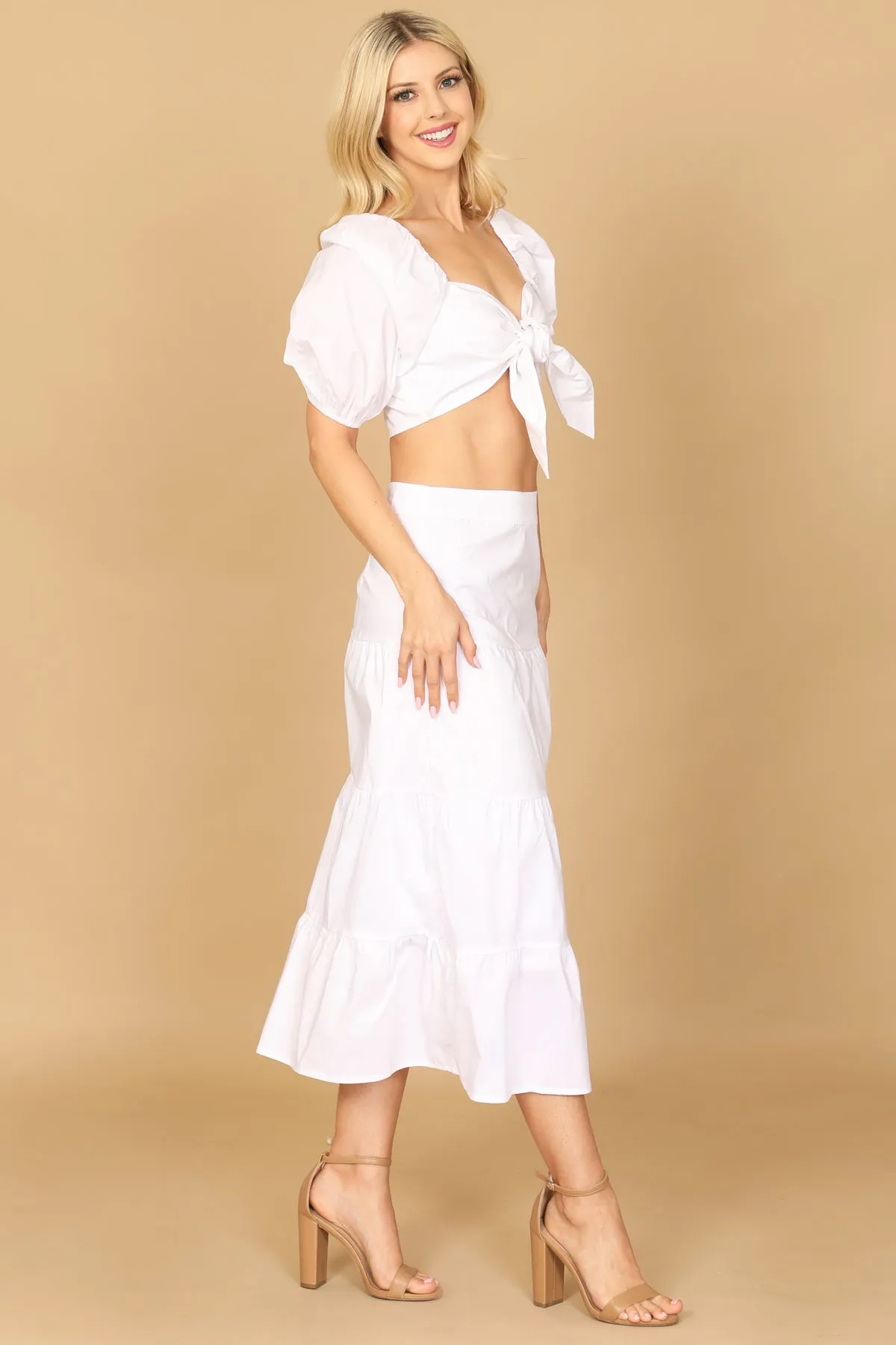 PUFF SLEEVE KNOT FRONT SOLID CROP TOP & SKIRT SET