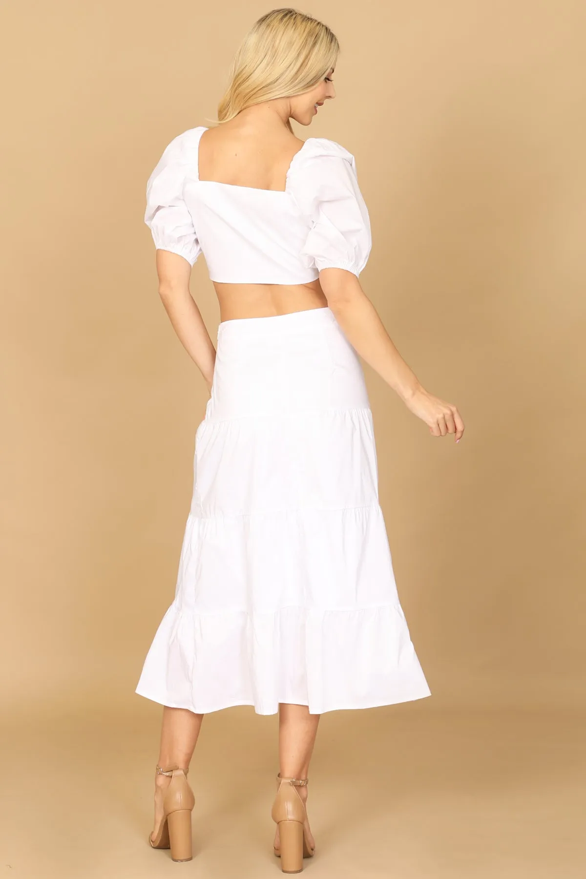PUFF SLEEVE KNOT FRONT SOLID CROP TOP & SKIRT SET