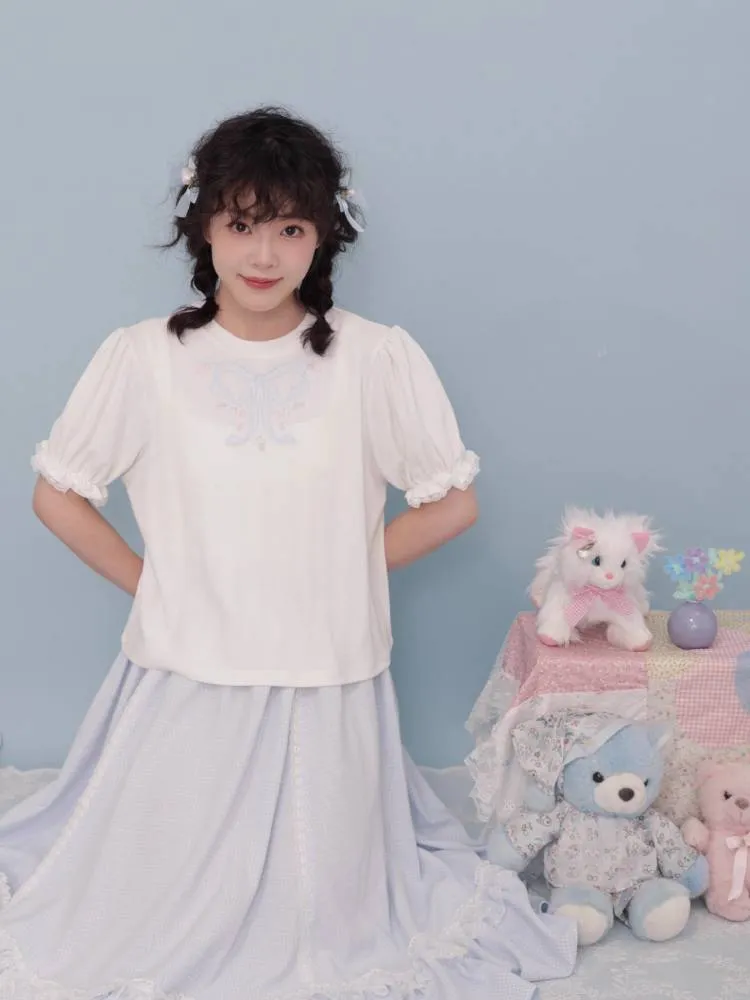 puff sleeve lace T-shirt