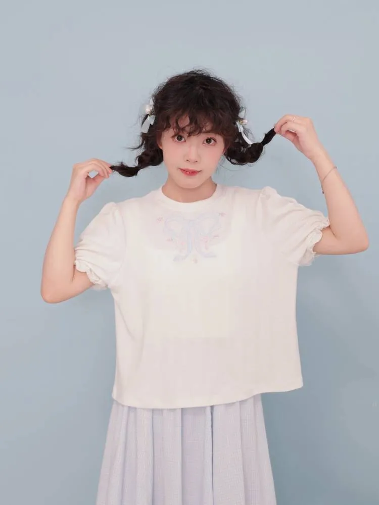 puff sleeve lace T-shirt