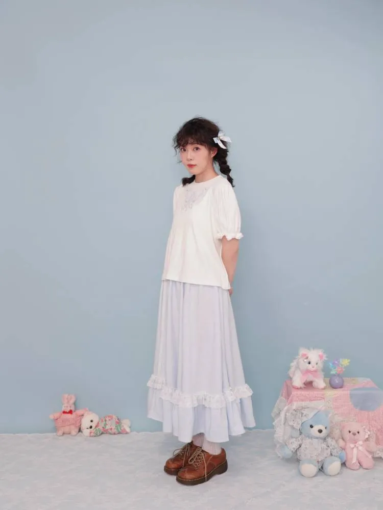 puff sleeve lace T-shirt