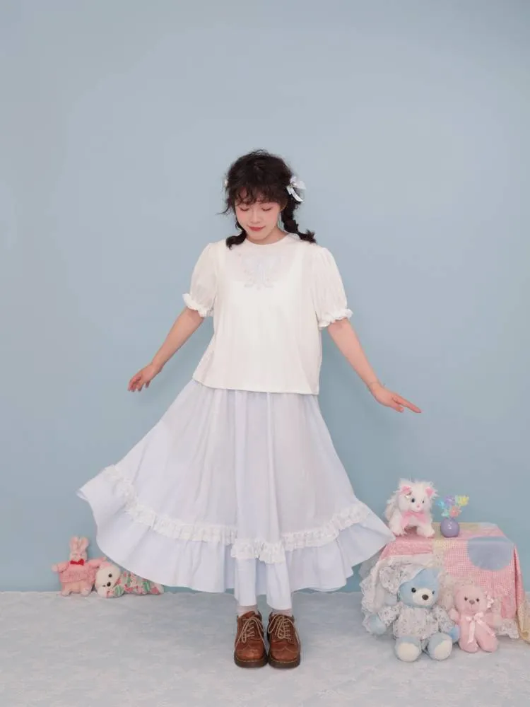 puff sleeve lace T-shirt