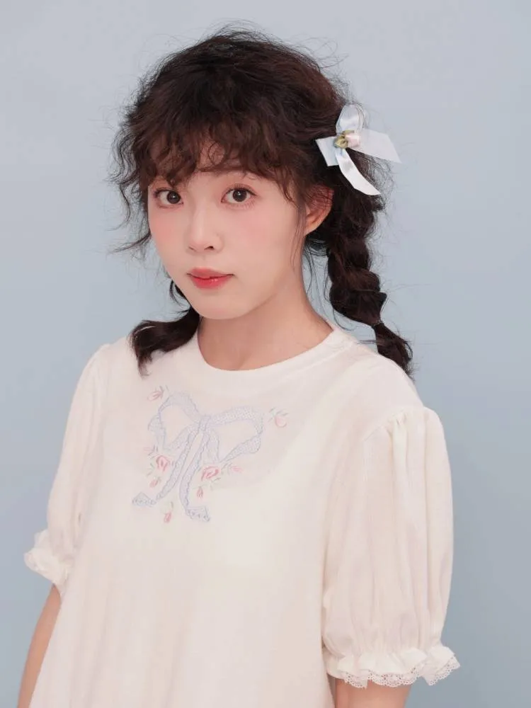 puff sleeve lace T-shirt