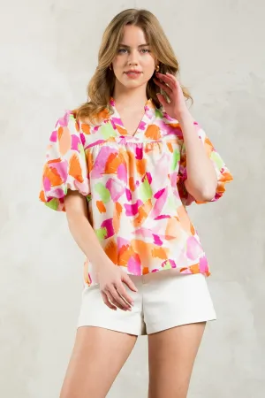 Puff Sleeve Multi Color Print Top FTM2359-7