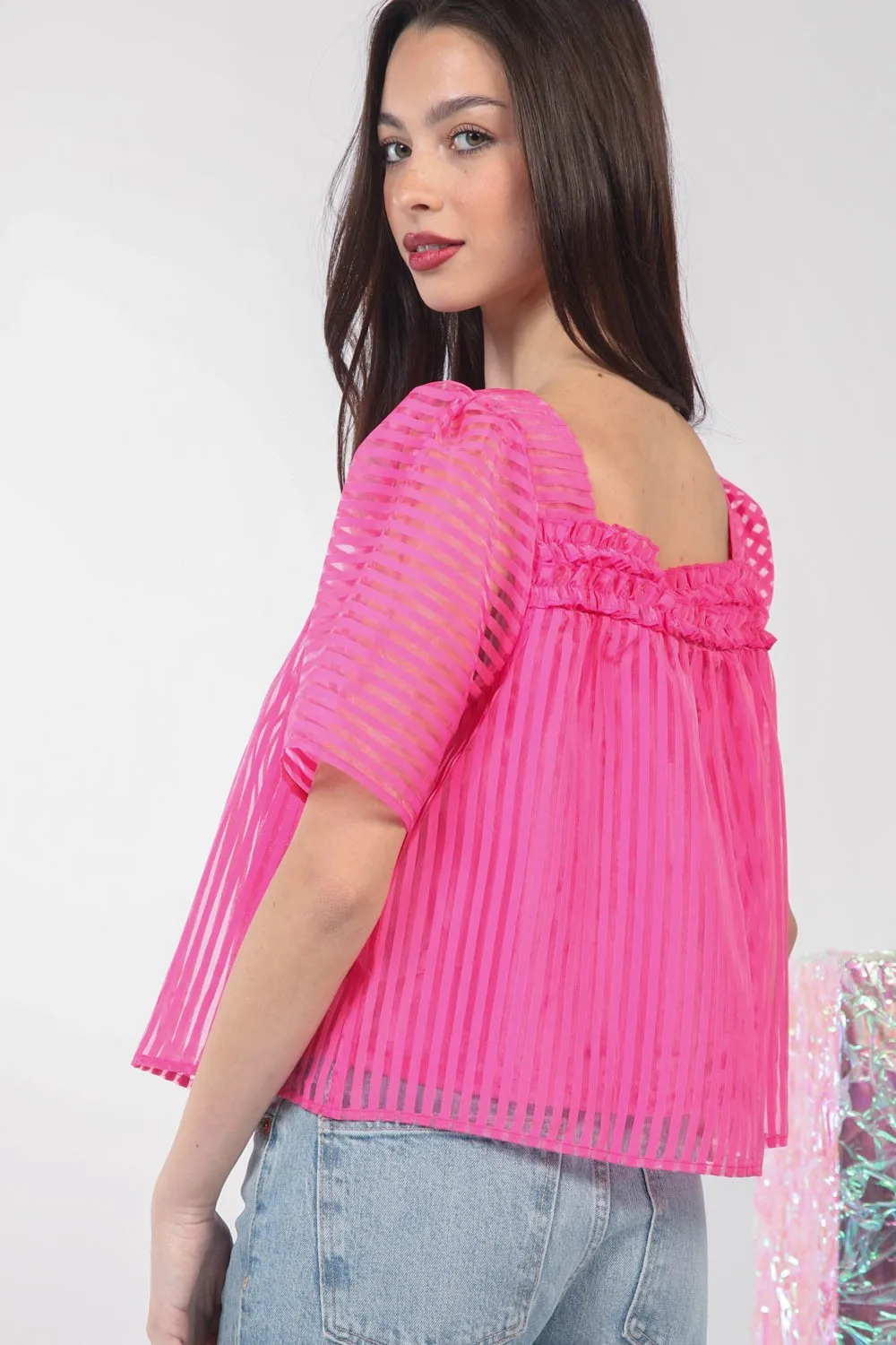 Puff Sleeve Organza Stripe Sheer Blouse