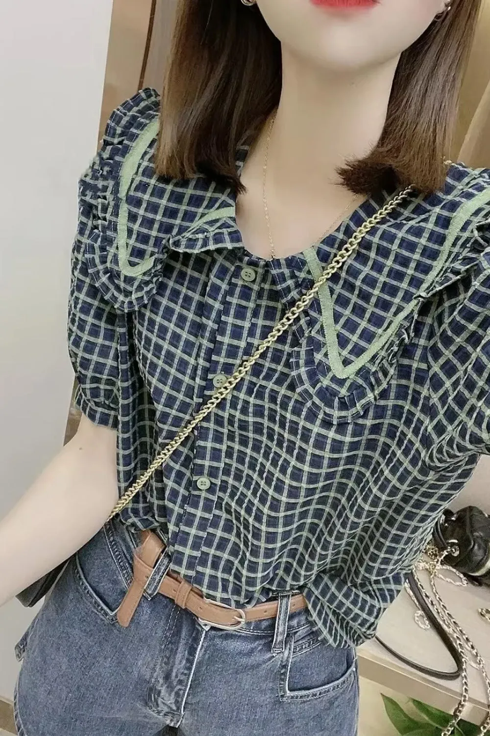 Puff Sleeve Peter Pan Collar Design Plaid Shirt