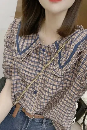 Puff Sleeve Peter Pan Collar Design Plaid Shirt
