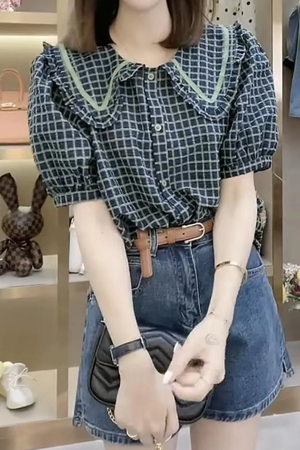 Puff Sleeve Peter Pan Collar Design Plaid Shirt
