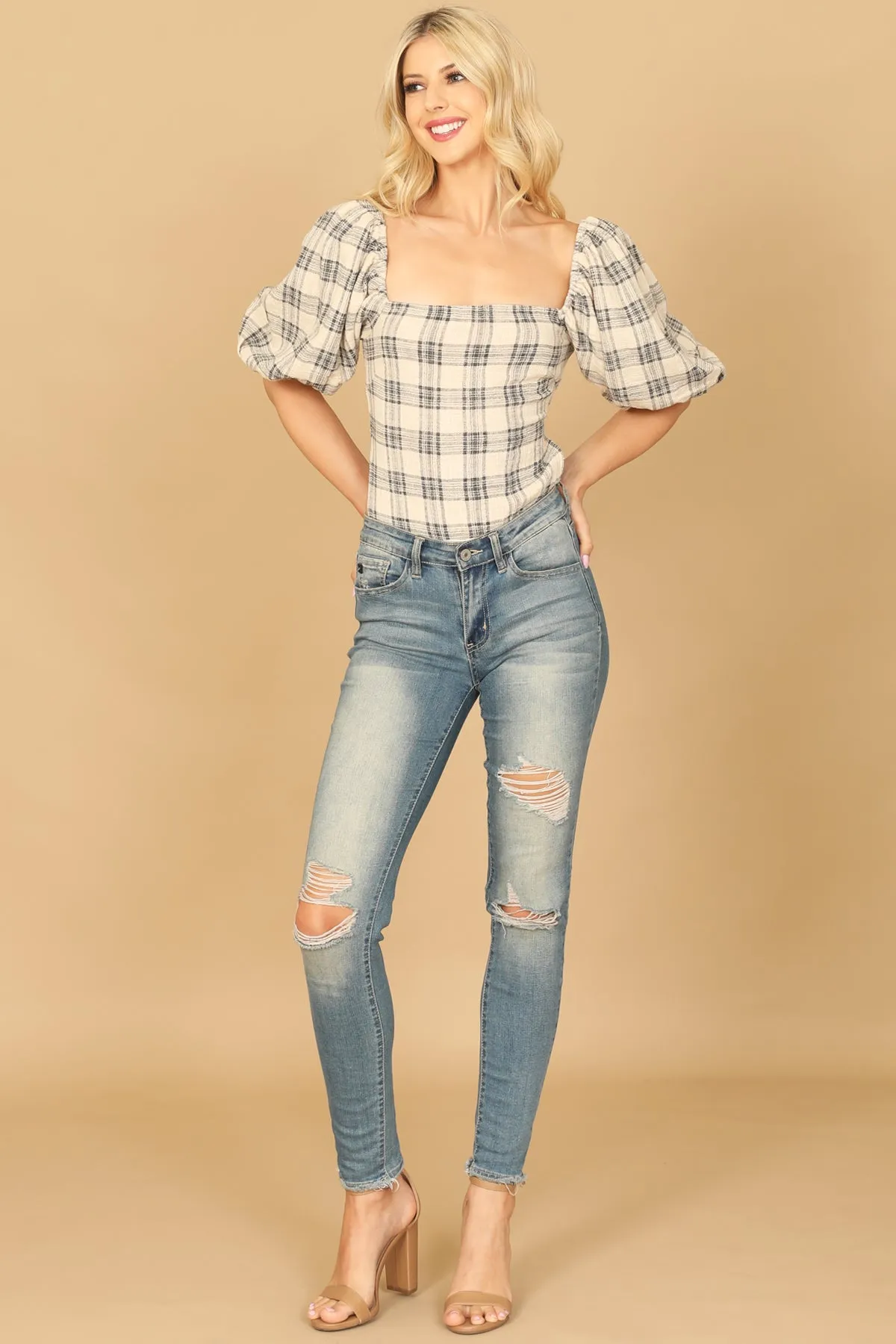 PUFF SLEEVE PLAID BODY SUIT